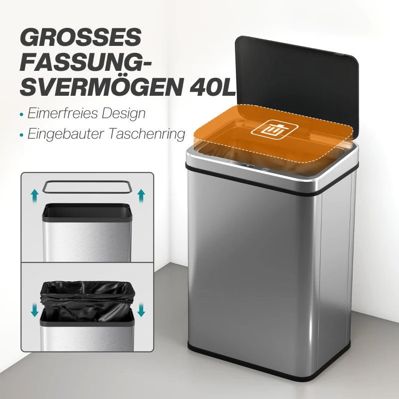 HOMCOM Sensor Mülleimer 40L Edelstahl Automatischer Mülleimer mit Soft-Close-Deckel Bewegungssensor 35,5 x 26 x 55 cm Silber