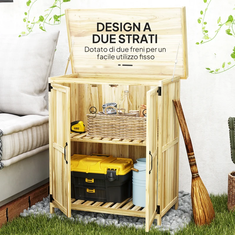 Outsunny Armadietto da Esterno, Capanno Porta Attrezzi con Mensola, in Legno con 2 Ante per Giardino, Patio, Color Legno