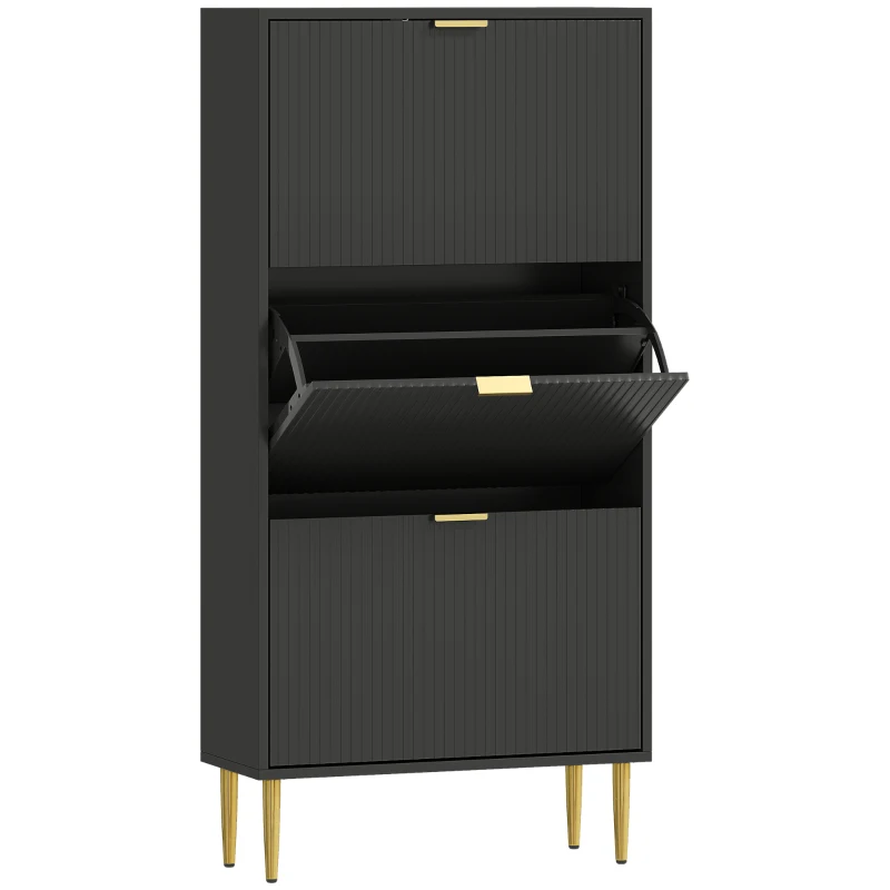 HOMCOM Meuble à chaussures 18 paires avec 3 tiroirs rabattables, portes cannelées et étagères réglables, 60x24x122,5cm, noir