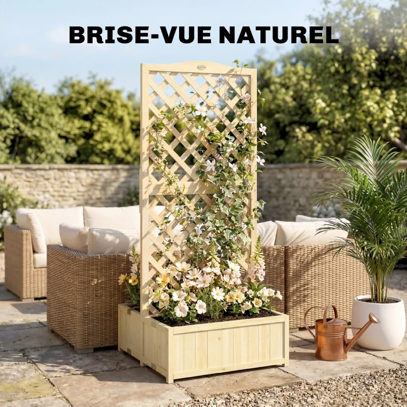 Outsunny Jardinière avec Treillis Carré Potager Bois Pliable Double Bac à Fleurs pour Plantes Grimpantes 73 x 70 x 170 cm Naturel