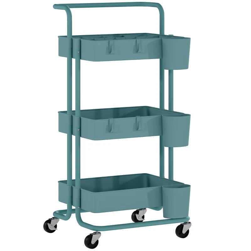 HOMCOM Chariot à 3 niveaux desserte avec 4 crochets et 3 boîtes suspendues amovibles pour 42 x 38 x 86,5 cm bleu-vert