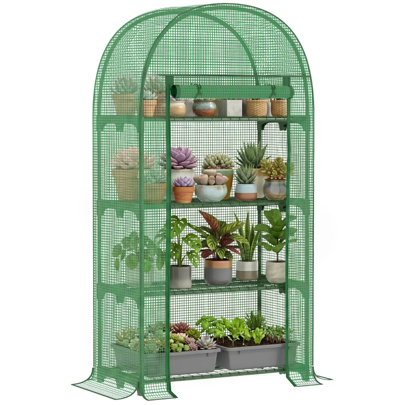 Outsunny Estufa de Jardim com 4 Prateleiras Metálicas Porta Enrolável e Cobertura de PE Estufa de Varanda para Cultivo de Plantas Flores 80x49x160cm Verde