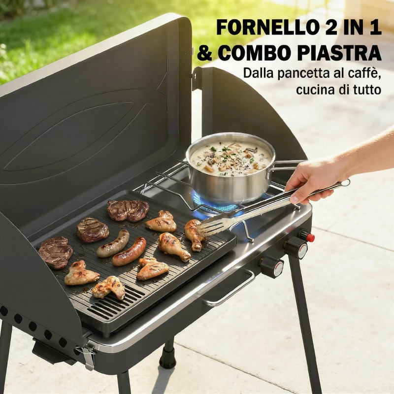 Outsunny BBQ a Gas Propano Portatile 2-in-1 con Griglia e Fornello, 7KW, Nero