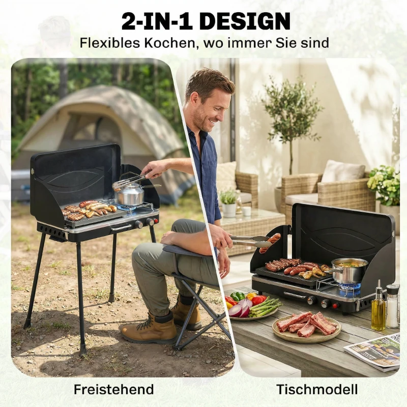 Outsunny Tragbarer Gasgrill 2 Brenner 7 kW 2-in-1 Tischgrill mit Braten klappbar Beinen Grillrost Windschutz Deckel Verschluss