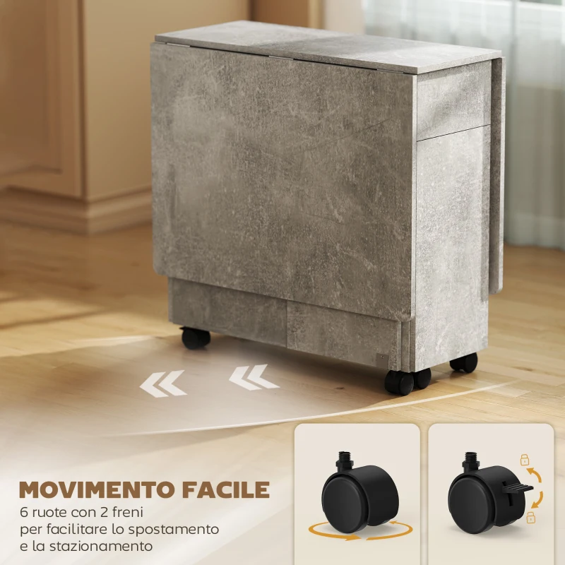 HOMCOM Tavolo da Pranzo Pieghevole a Ruote con 2 Cassetti, 2 Ante e Armadietto, in Legno, 140x76x74 cm, Grigio Cemento