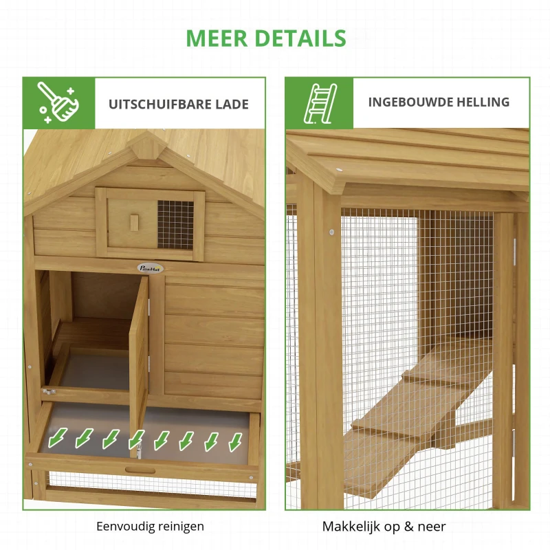PawHut Kippenhok met ren pluimveehok met stok massief hout naturel(m-4)
