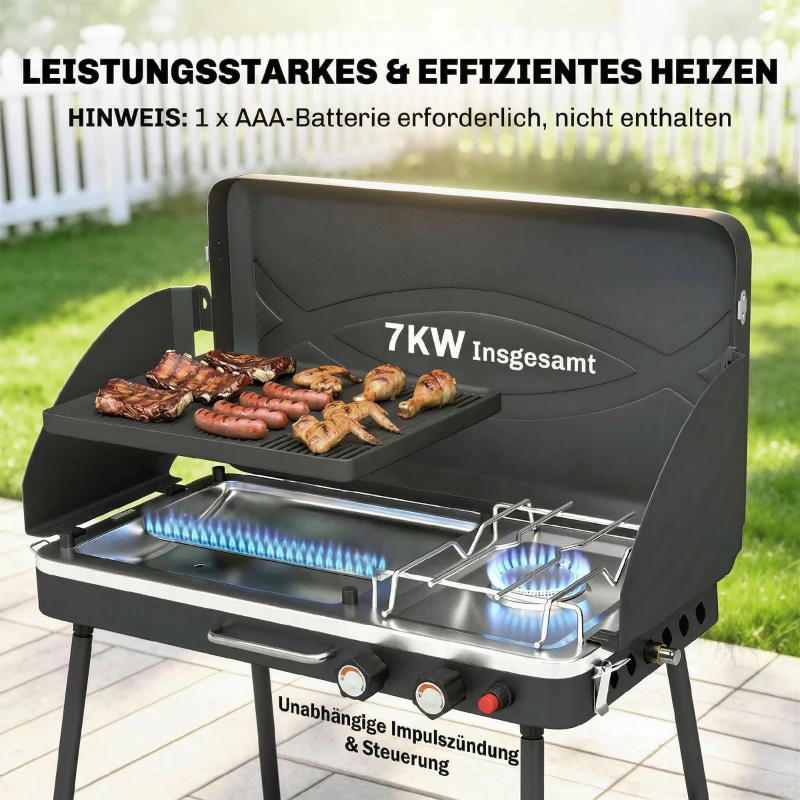 Outsunny Tragbarer Gasgrill 2 Brenner 7 kW 2-in-1 Tischgrill mit Braten klappbar Beinen Grillrost Windschutz Deckel Verschluss