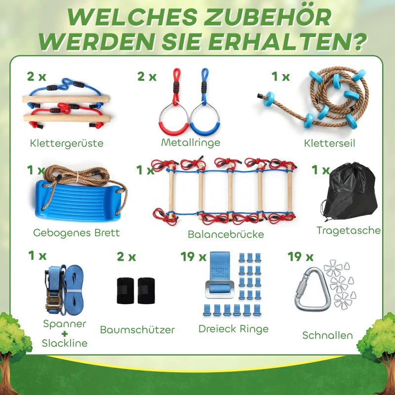 AIYAPLAY Ninja Line Kinder 24 m Slackline Set mit Turnringe 7 Hindernissen Kletterstange Balancierbrücke für 3-6 Jahre Rot+Blau