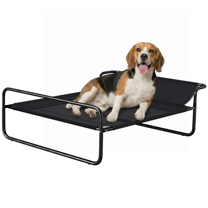 PawHut Pat Ridicat pentru Câini, Pat de Camping pentru Câini și Pisici cu Tetieră Reglabilă, Material Respirabil Texteline, pentru Interior și Exterior, 91x69x29 cm, Negru