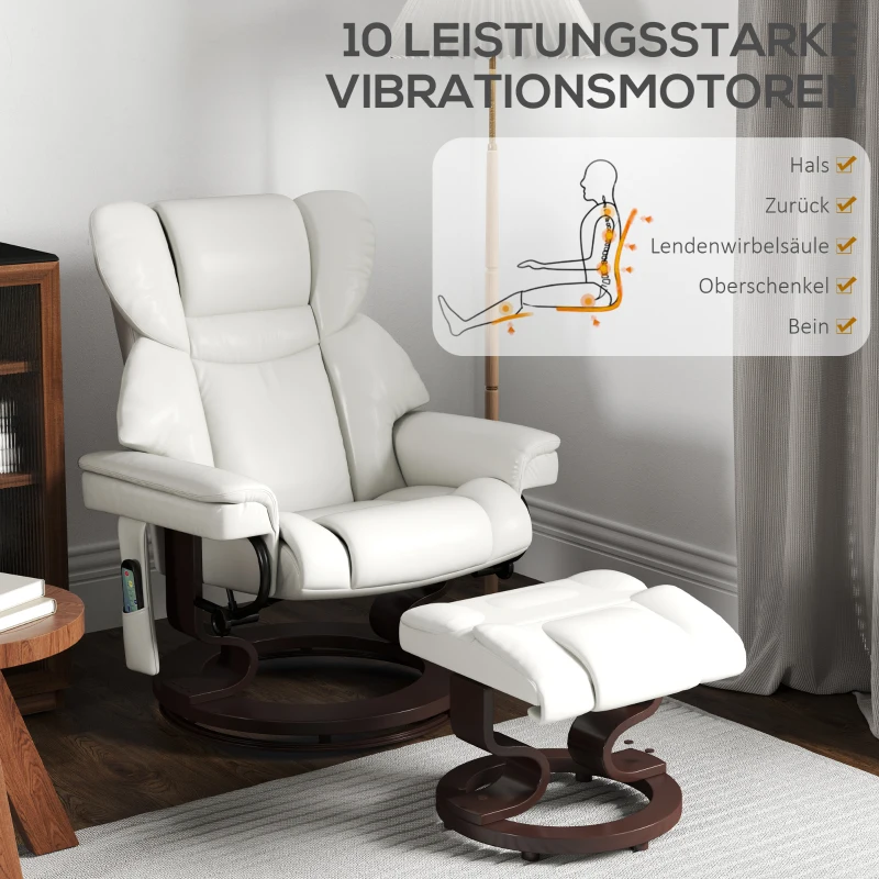 HOMCOM Relaxsessel mit Massagefunktion und Fußhocker, Liegesessel, Kunstleder, 79 x 82 x 101 cm, Cremeweiß(m-4)