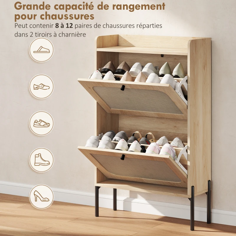 HOMCOM Meuble à chaussures 12 paires, armoire à chaussures, 2 tiroirs rabattables, portes en rotin et étagères réglables, chêne