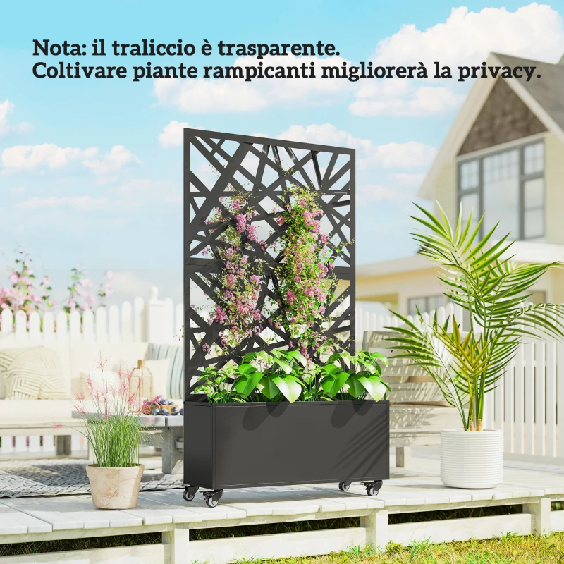 Outsunny Fioriera con Grigliato per Rampicanti a Rotelle Fori di Drenaggio, in Metallo, 90x30x160 cm, Nero