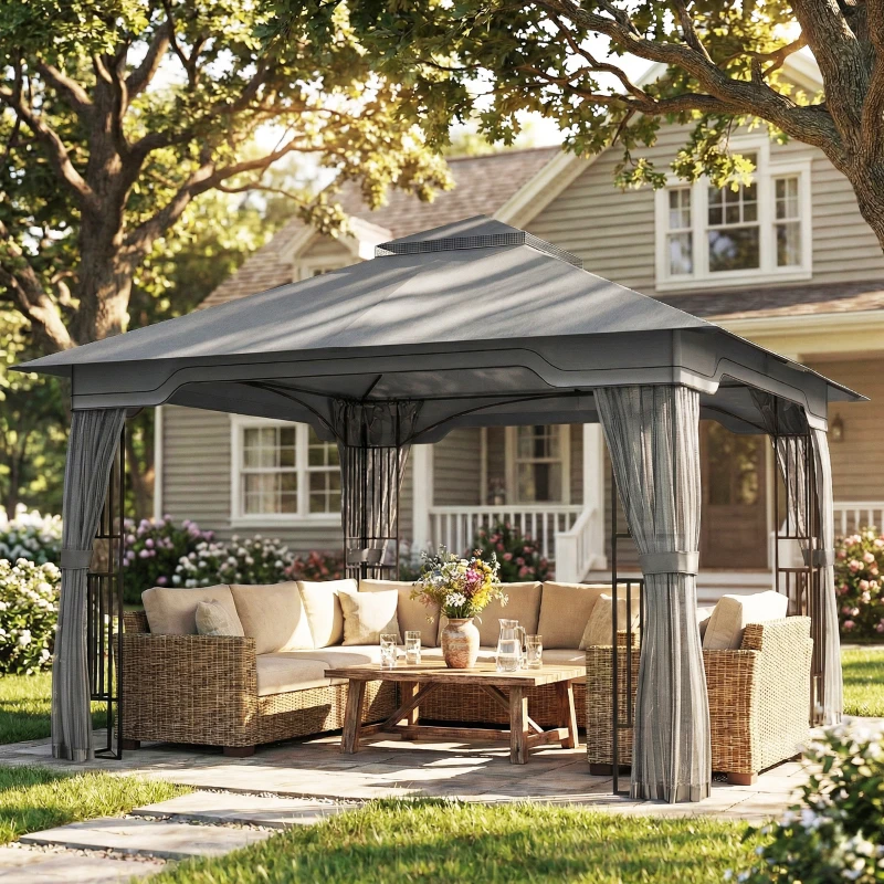 Outsunny 3.3 x 3.3 m Outdoor Garden Gazebo with Post Shelves, UPF50+ Patio Permanent Pavilion with Hook, Dark Grey