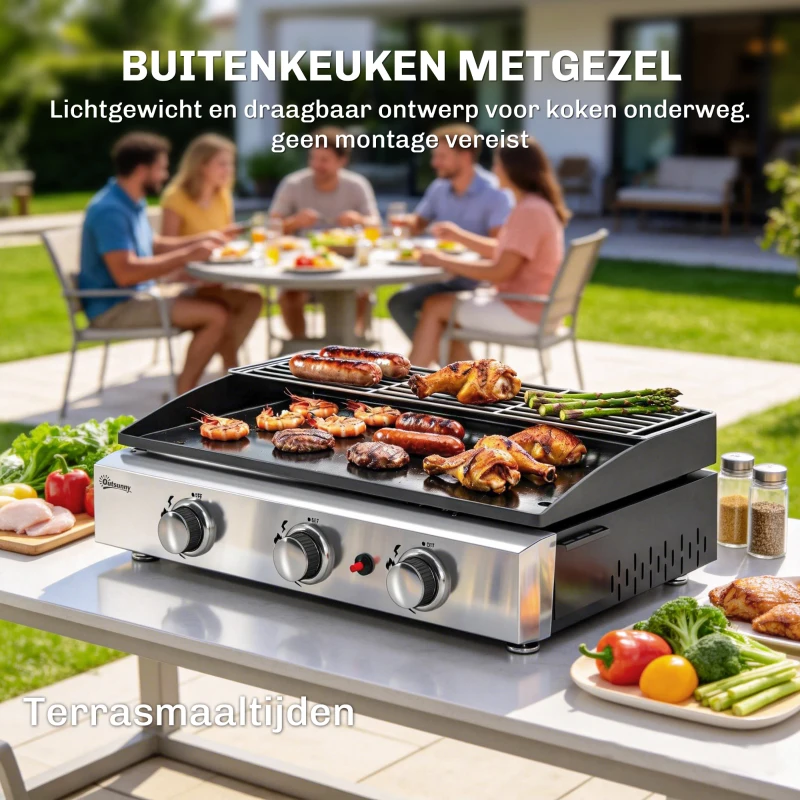 Outsunny Gasbarbecue 7,5 KW Draagbare Tafelbarbecue met 3 Branders Keramische Coating Grillrooster Warmhoudrek