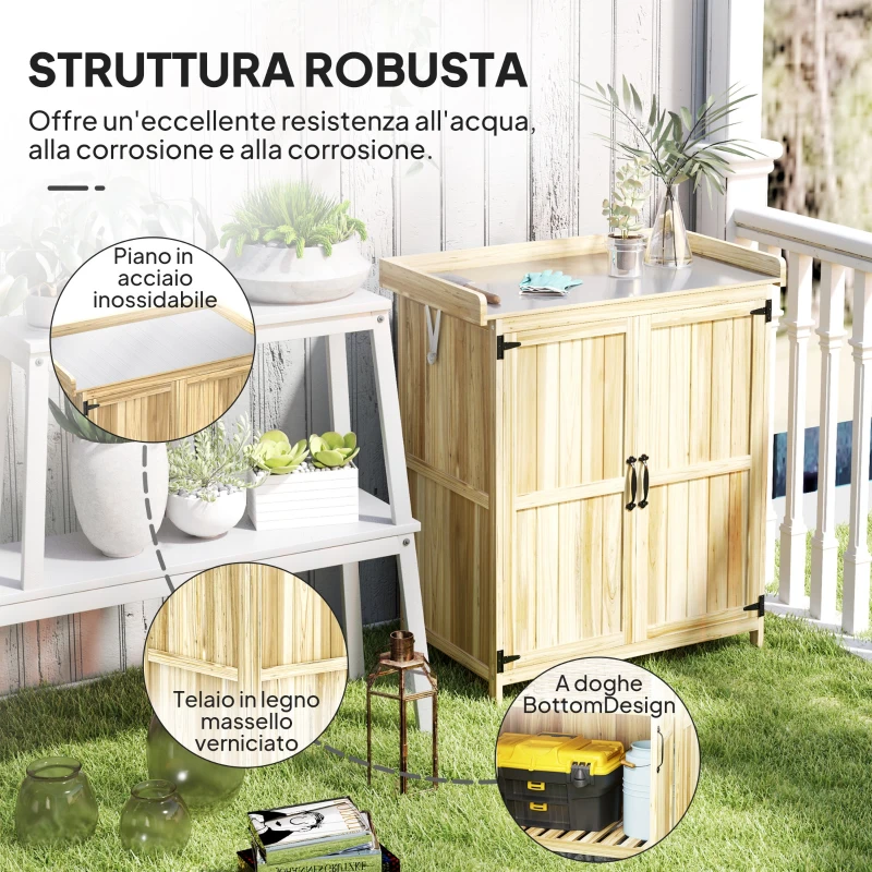 Outsunny Armadietto da Esterno, Capanno Porta Attrezzi con Mensola, in Legno con 2 Ante per Giardino, Patio, Color Legno
