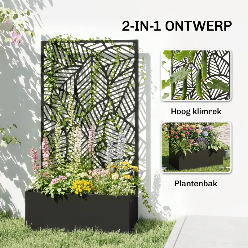 Outsunny metalen verhoogde bak met klimrek voor klimplanten, vrijstaand of voor wandmontage