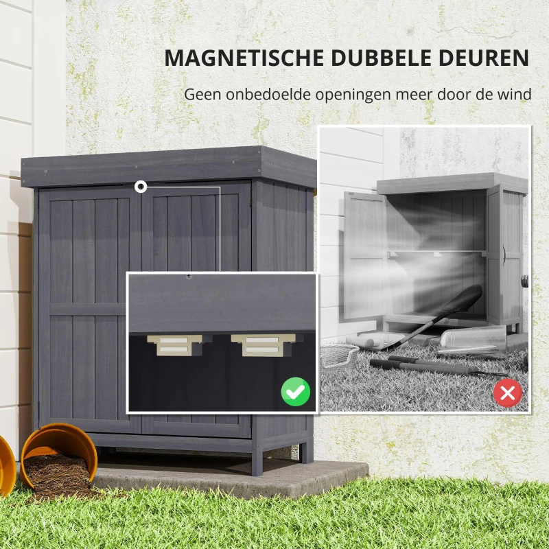 Outsunny Apparatuurkast, dubbele deur, klapdeksel, 2 planken, weerbestendig, natuurlijk hout, grijs, 74 x 43 x 88 cm(m-7)