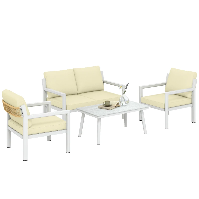 Outsunny 4 Seater Rattan Garden Furniture Set with 2 Armchairs, Loveseat, Coffee Table, Garden Sofa Set with Cushions, Brown