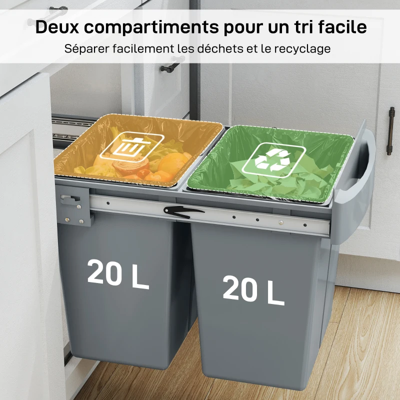 HOMCOM Poubelle cuisine, poubelle sous évier coulissante encastrable avec 2 x 20 L compartiments amovibles, 52x33,5x41cm, gris