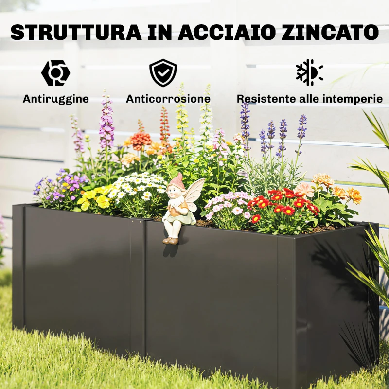 Outsunny Letto Rialzato da Giardino in Acciaio, con Divisore, Angoli Rinforzati e Bordo Sicuro, Fondo Aperto, Nero