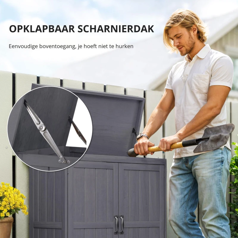 Outsunny Apparatuurkast, dubbele deur, klapdeksel, 2 planken, weerbestendig, natuurlijk hout, grijs, 74 x 43 x 88 cm(m-4)