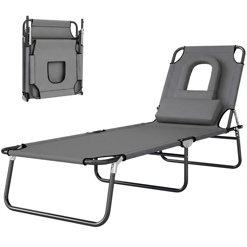Outsunny Bain de Soleil Pliable transat inclinable 4 Positions Chaise Longue 3 Coussins fournis Gris