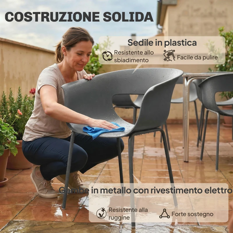 Outsunny Set 4 Sedie da Esterno Moderne con Schienale Traforato, in Metallo e Poliestere, 61x51x74 cm, Grigio Scuro