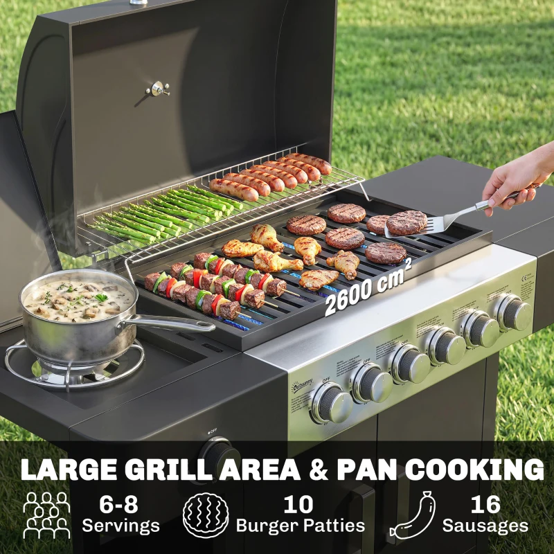 Outsunny Gazowy Grill 17,8 kW 6+1 Palników Wózek Grillowy ze Stali Nierdzewnej z Kółkami Boczny Palnik Termometr Ruszt Emaliowany