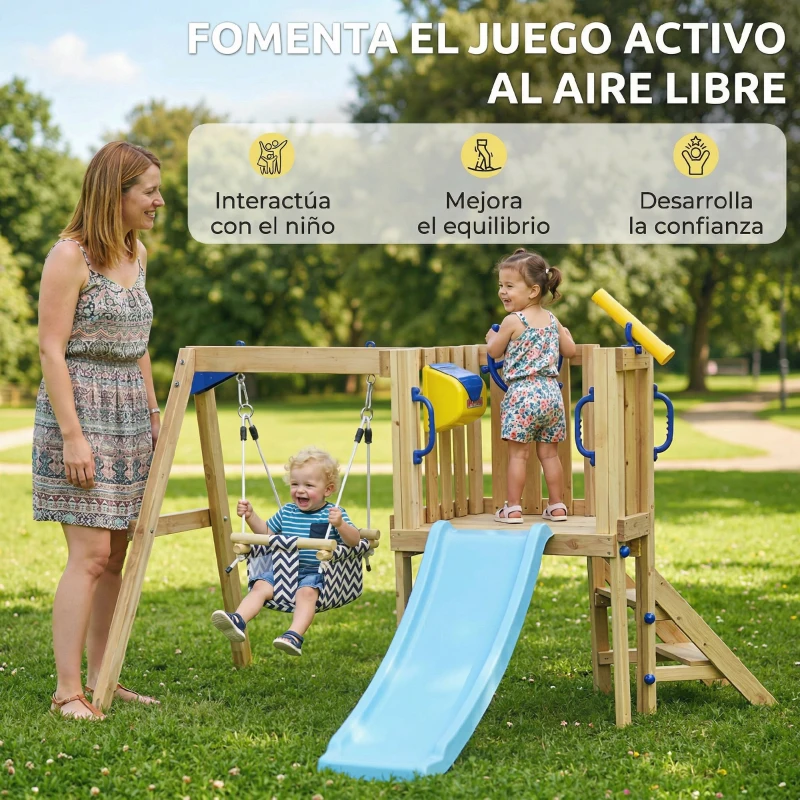 AIYAPLAY Columpio y Tobogán Infantil Exterior de Madera con Volante Telescopio para Niños de 18-48 Meses Madera Natural