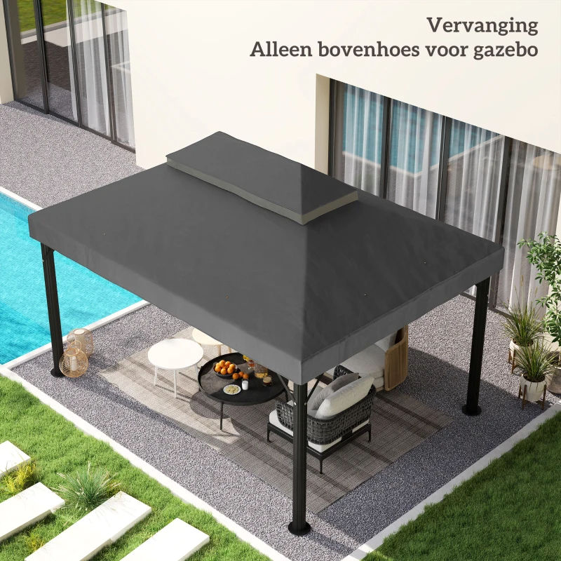 Outsunny Paviljoen vervangingsdak, 3 x 4 m, vervangingshoes met waterafvoeropeningen, Polyester, Zonbescherming, UPF30+, Donkergrijs