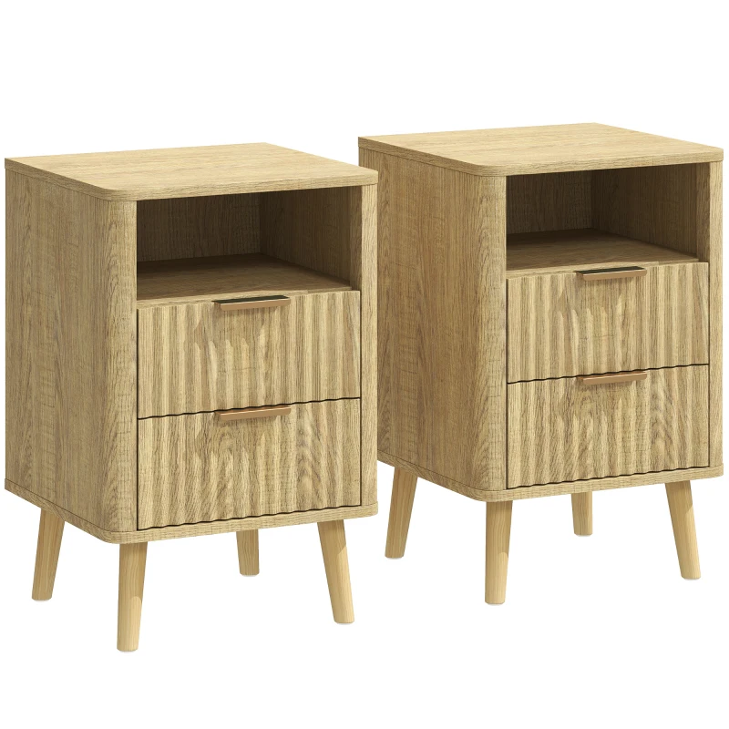 HOMCOM Lot de 2 tables de chevet, tables de nuit avec 2 tiroirs et compartiment ouvert, coins arrondis, 40 x 40 x 61 cm, chêne