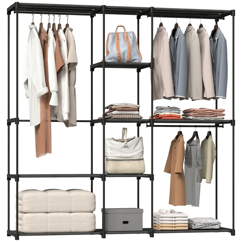 HOMCOM Open kledingkast, 4-laags kledingrek met 2 hangvakken voor woonkamer, 182 x 43 x 185 cm, Zwart