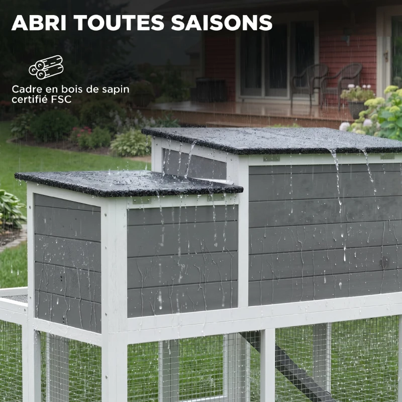PawHut Clapier Lapin Extérieur en Bois Cage à Lapin Intérieur Double Toit Ouvrant Imperméable 2 Niveaux avec Enclos Gris
