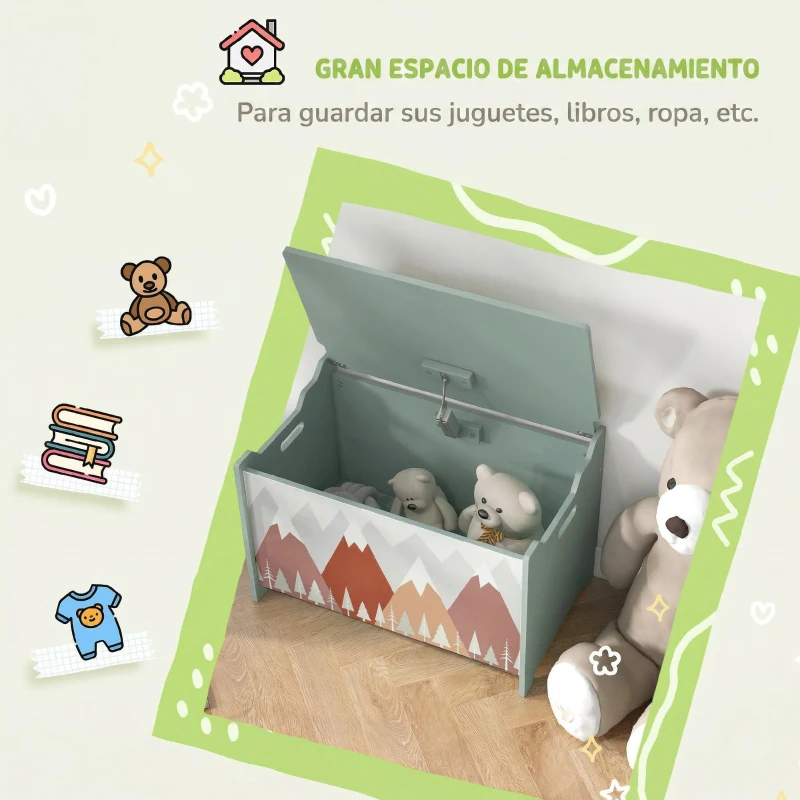 ZONEKIZ Cajas de Juguetes para Niños de 3 a 8 Años Cajas de Almacenamiento con 2 Asas y Estampado de Osos 60x37x39 cm Verde