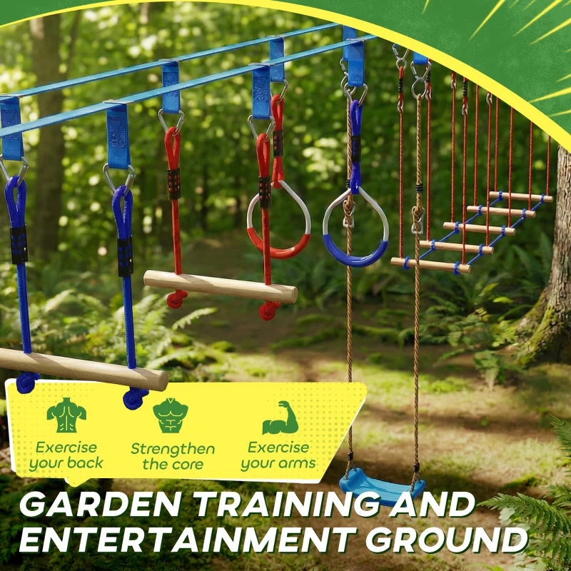 AIYAPLAY Ninja Line dla dzieci, zestaw 24 m Slackline z pierścieniami gimnastycznymi, 7 przeszkodami, mostem do balansowania, dla dzieci w wieku 3-6 lat, czerwony+niebieski