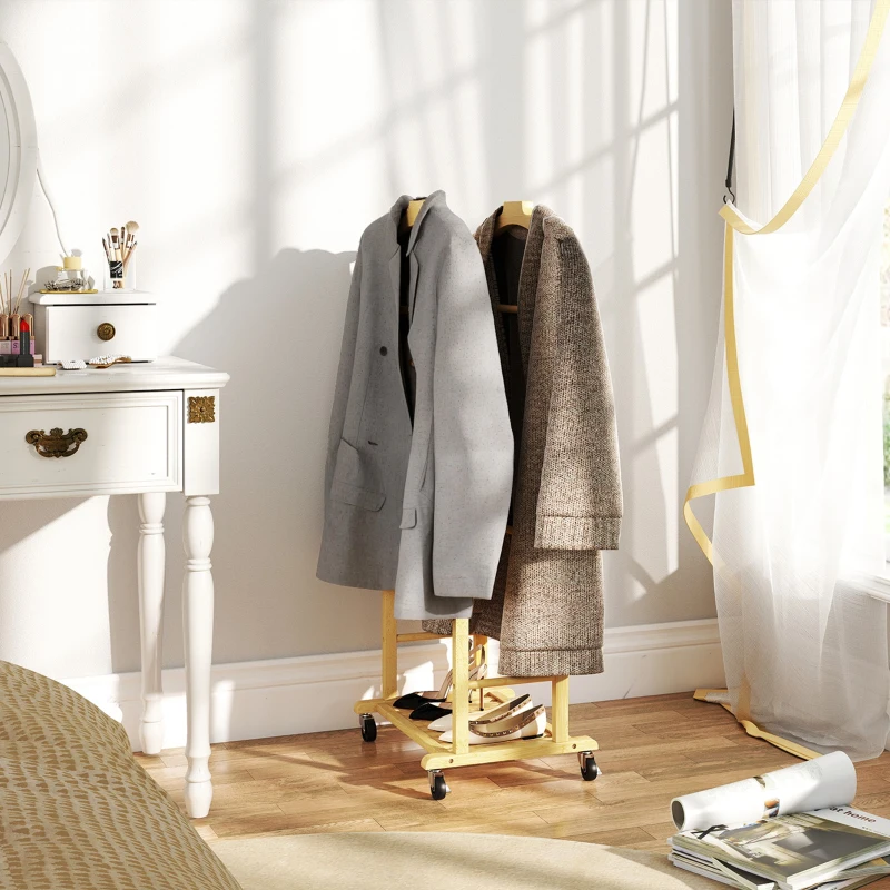 HOMCOM Portant à vêtements sur roulettes, porte-manteaux en bambou, double cintre intégré, 47 x 33,7 x 105,5 cm, bois naturel