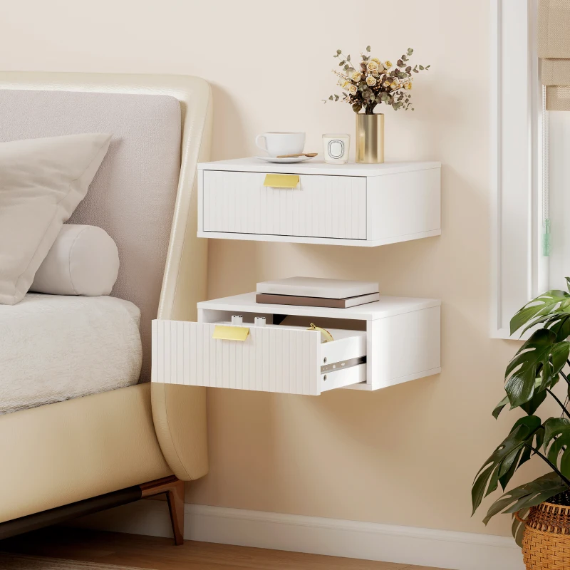 HOMCOM Lot de 2 tables de chevet murales, tables de nuit suspendues avec tiroir ondulé, 40 x 30 x 15 cm, blanc