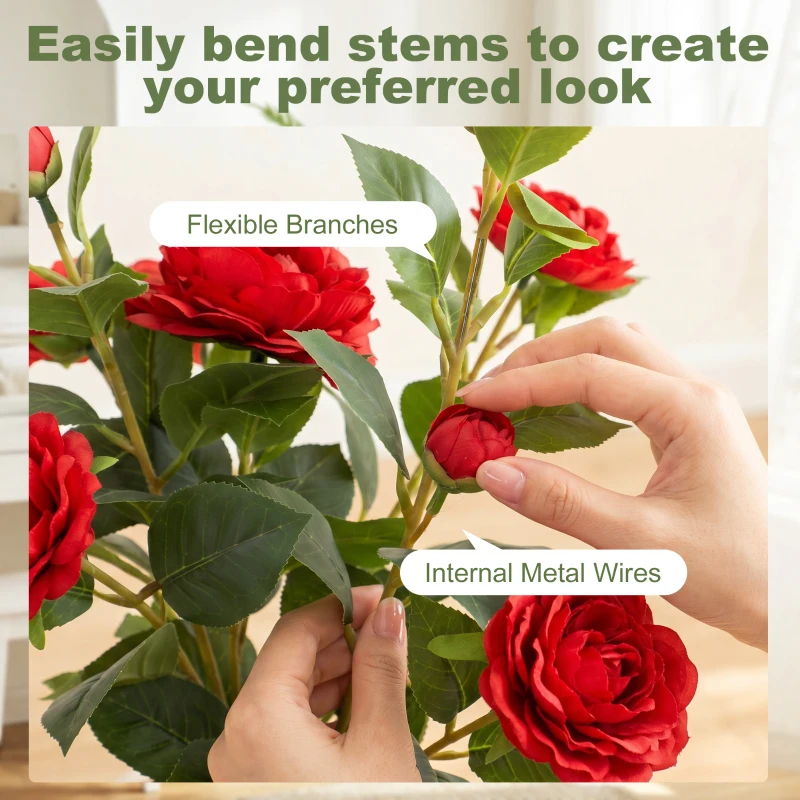 HOMCOM 65cm Artificial Camellia Flower Plant in Pot with 116 Lush Leaves & Moss Effect, Red