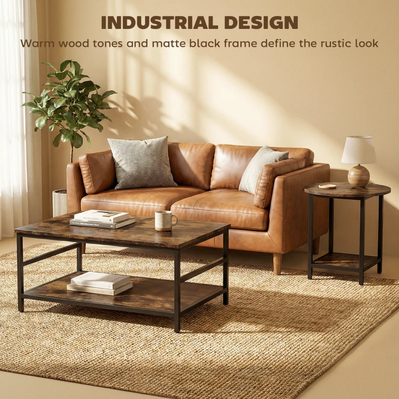 HOMCOM Zestaw stolików kawowych, 2-częściowy, prostokątny i okrągły z 2-poziomowym miejscem na przechowywanie, rustykalny brąz