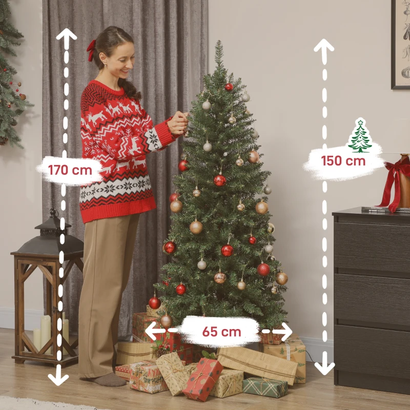 HOMCOM Sapin de Noël artificiel 150 cm, arbre de Noël fin avec 170 lumières, 635 pointes, support en métal pliable, vert