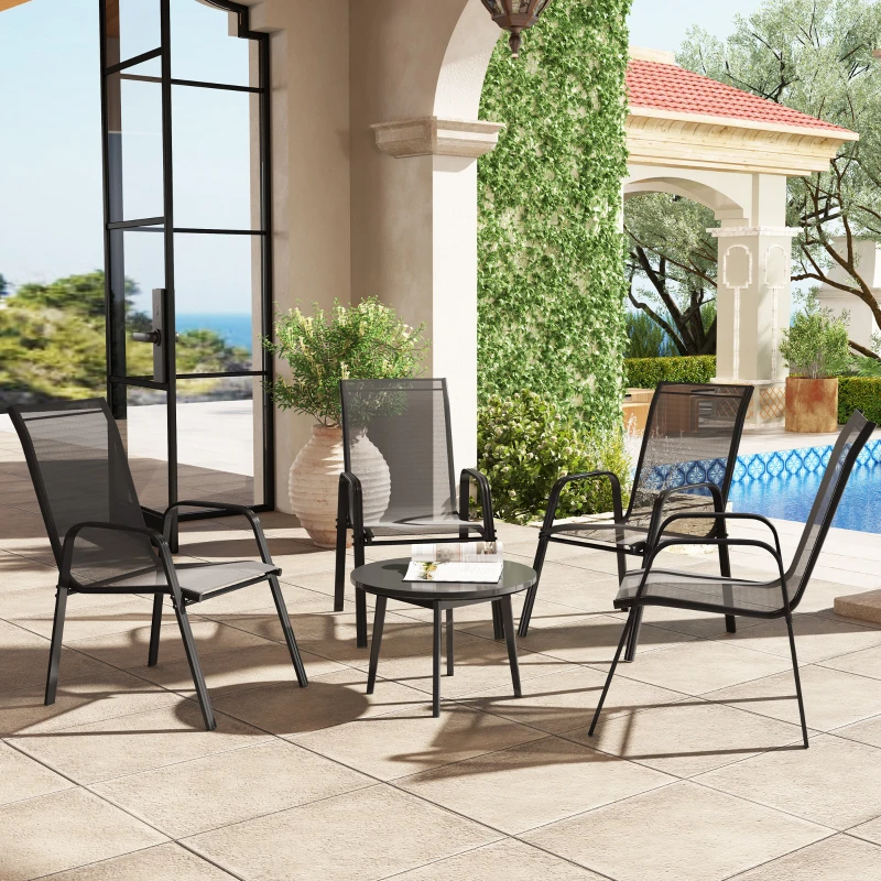 Outsunny Set 4 Sedie da Giardino Impilabili e Salvaspazio con Braccioli in Metallo e Tessuto a Rete, Nero