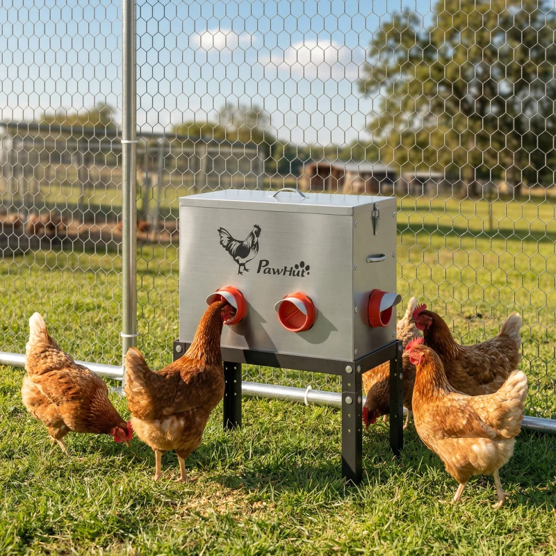 PawHut Mangeoire Automatique à Poulet 30L, 6 Ports, Hauteur Reglable, Couvercle Verrouillable, 42x25x55cm, Acier, Argent