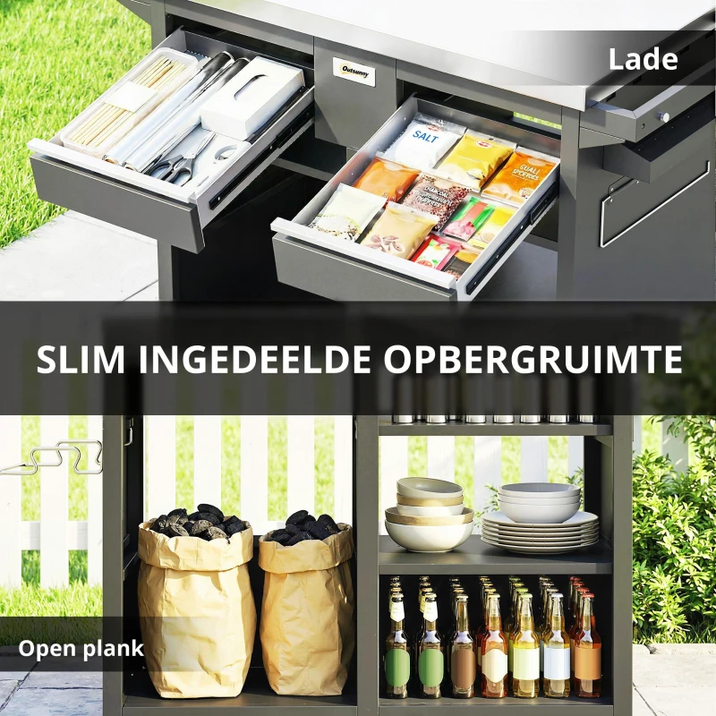 Outsunny Grillwagen met 5 niveaus, roestvrijstalen werkblad, verstelbare planken, lade, wielen, kruidenrek en handdoekhouder