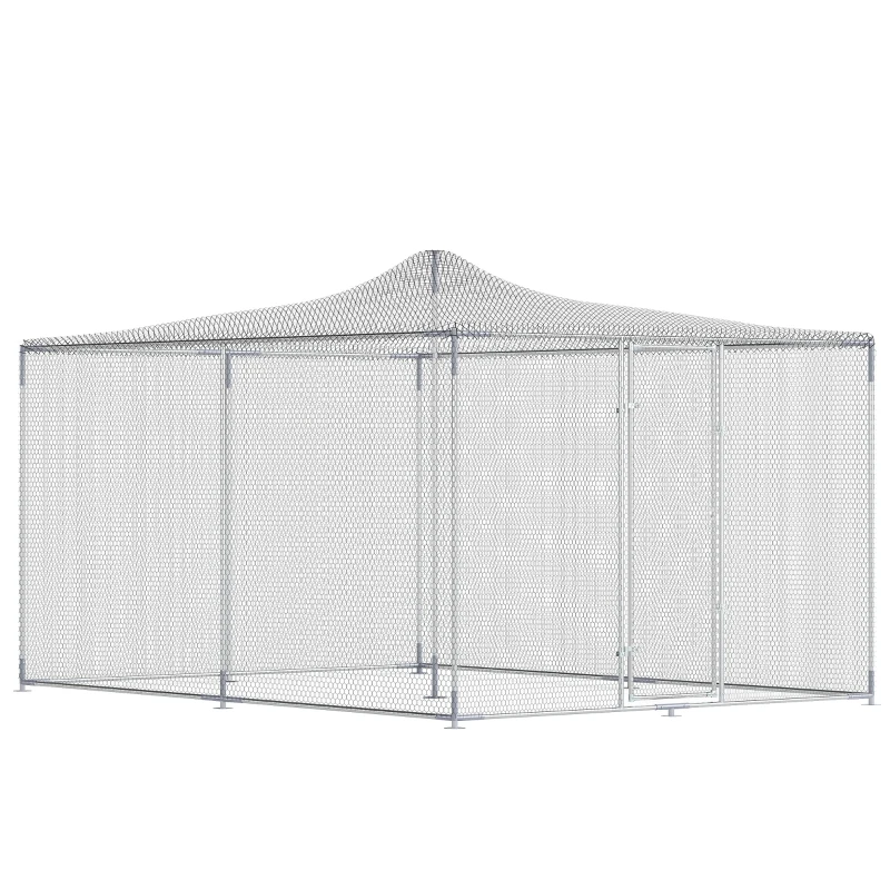 PawHut Coteț pentru găini de exterior cu acoperiș și încuietori, din oțel zincat, 4x3x2 m, argintiu