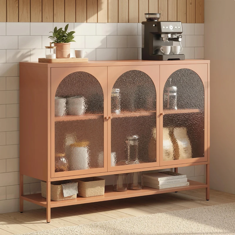 HOMCOM Buffet salon, meuble de rangement avec 3 portes vitrées cintrées et étagère ouverte, 140 x 40 x 105 cm, rouille