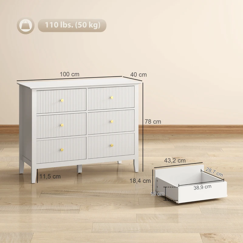 HOMCOM Kommode Sideboard mit 6 Schubladen Moderner Aufbewahrungsschrank für Wohnzimmer Schlafzimmer Flur 100 x 40 x 78 cm Weiß