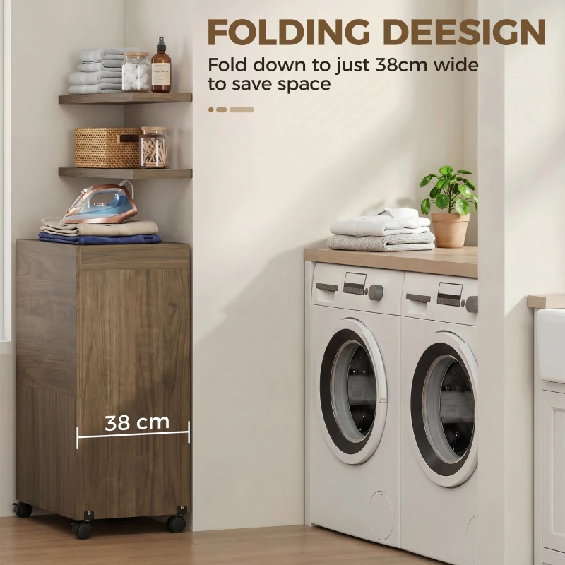 HOMCOM Dulap Masă de Călcat Pliabil cu Roți și Suport pentru Fier de Călcat, Dulap Multifuncțional cu Rafturi, Compartiment Deschis, pentru Spălătorie, Baie, 154x55x87 cm, Maro