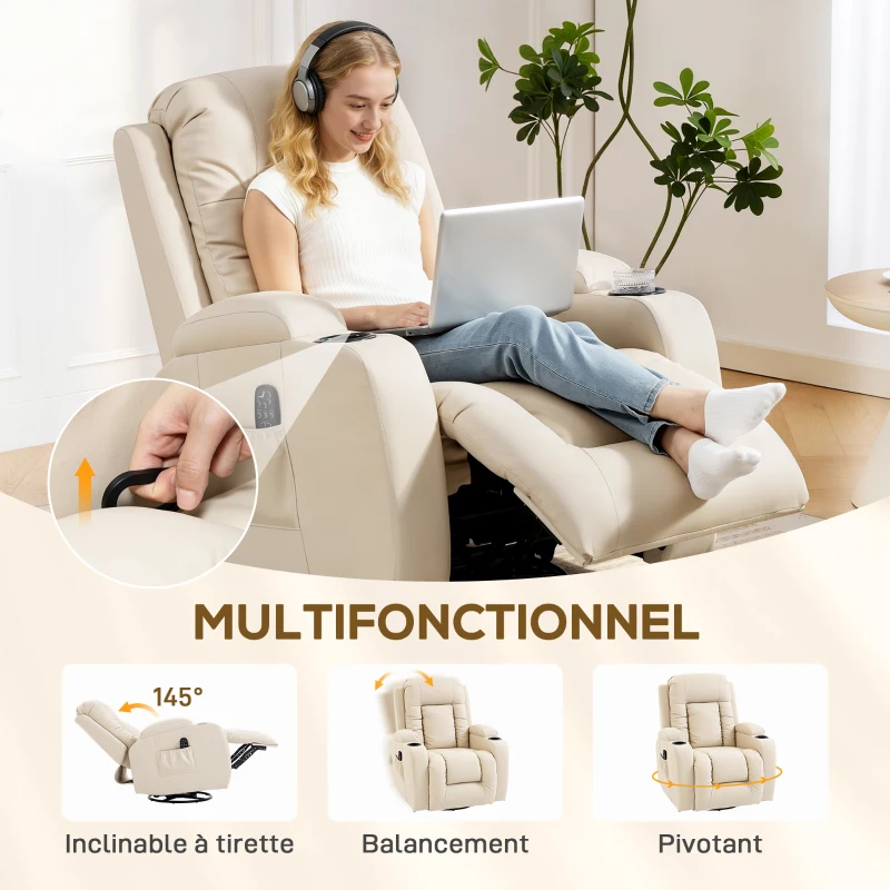 HOMCOM Fauteuil inclinable de massage et chauffage, fauteuil de relaxation, dossier réglable, pivotant 360°, 82x99x103cm, crème