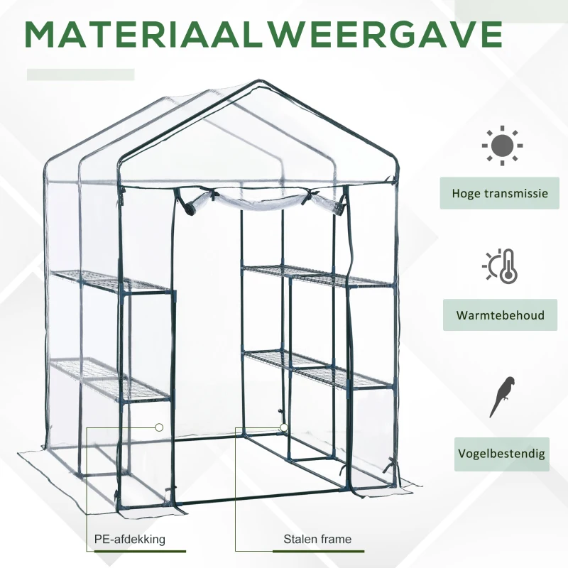 Outsunny® kas kweekkas met planken staal foliekas tomantenhuis planken, PVC + staal, 143x143x195cm