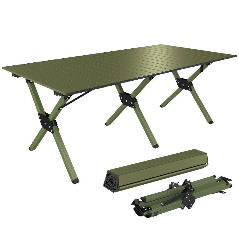 Outsunny Tavolo da Campeggio Pieghevole 116 cm, Tavolo da Picnic Impermeabile con Piano Arrotolabile e Struttura in Metallo, Portatile per Giardino, Parco, BBQ, Verde